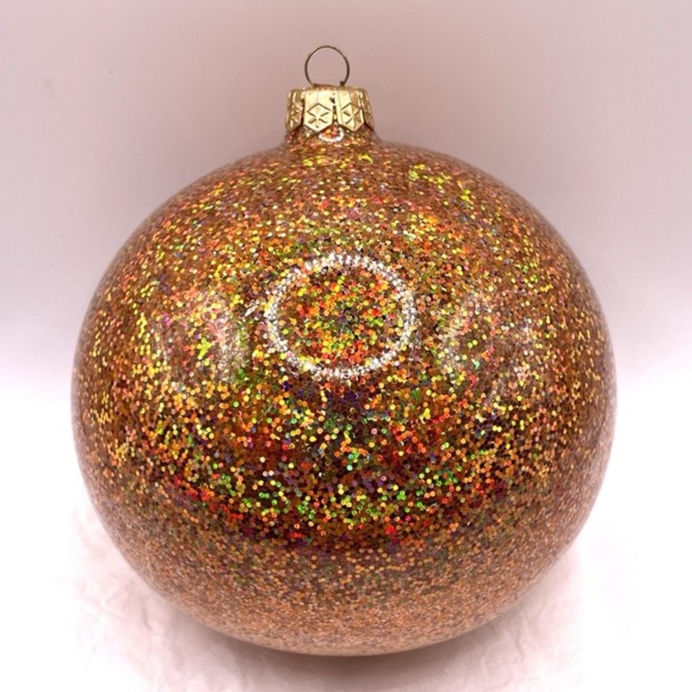 Large Orange Holographic Glitter Round‎ Glass Christmas Ornament 4.5" Wide